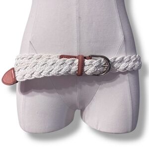 TALBOTS White Cotton Braided Belt Brown Accents Silver Tone Buckle NWT!
